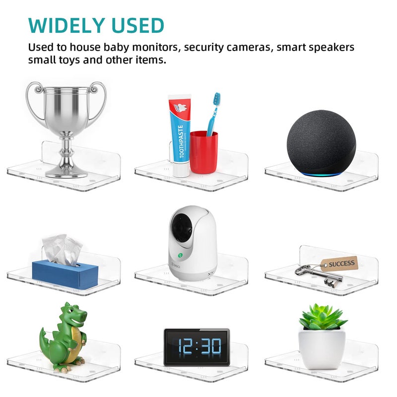 Liboer Wall Mount Floating Shelves for 2 Pcs Security Camera Shelf Mini Speaker Other Small Items in Bedroom Bathroom Kitchen Living Room Clear Mini Shelf Flexible Use for Wall Space(L) - Image 5